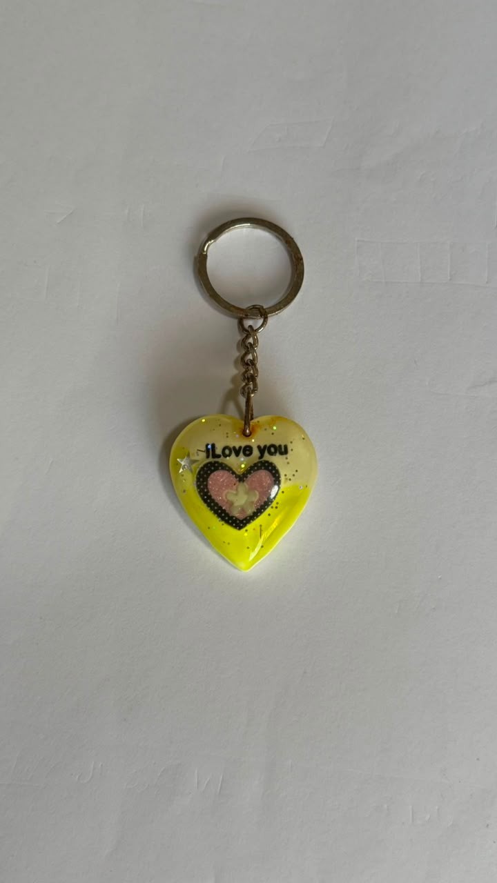 Vintage Heart Keychain I Love You Resin Glitter Charm Gift Bag Purse Pendant