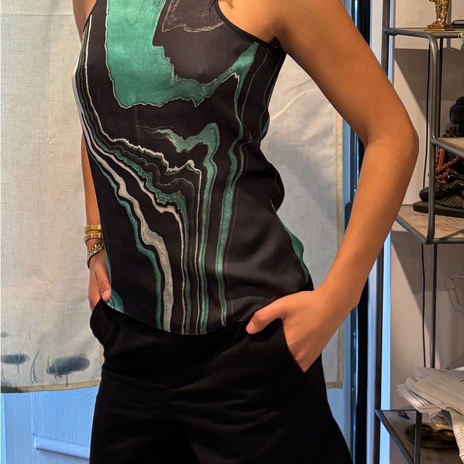 The Kooples Teal and Black Wave Pattern Tank Top Printed Marble