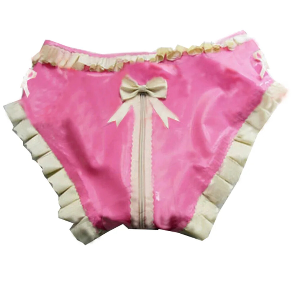 Men’s Panties Wet Look PVC Leather Zipper Ruffled Cute Bowknot Briefs with Holes
