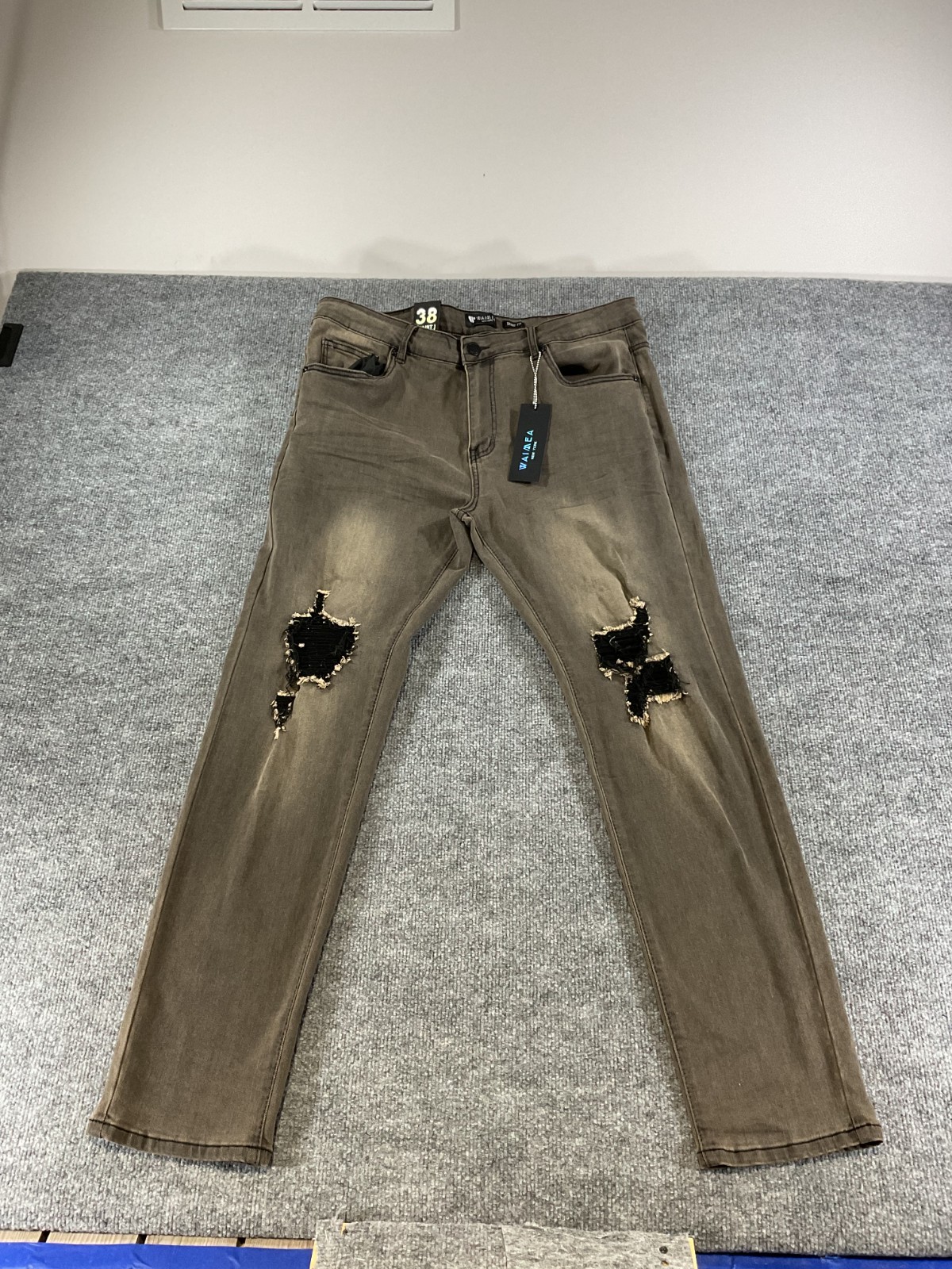 Waimea Skinny Jeans Mens 38×30 Distressed Ripped Brown Stretch Slim Fit New