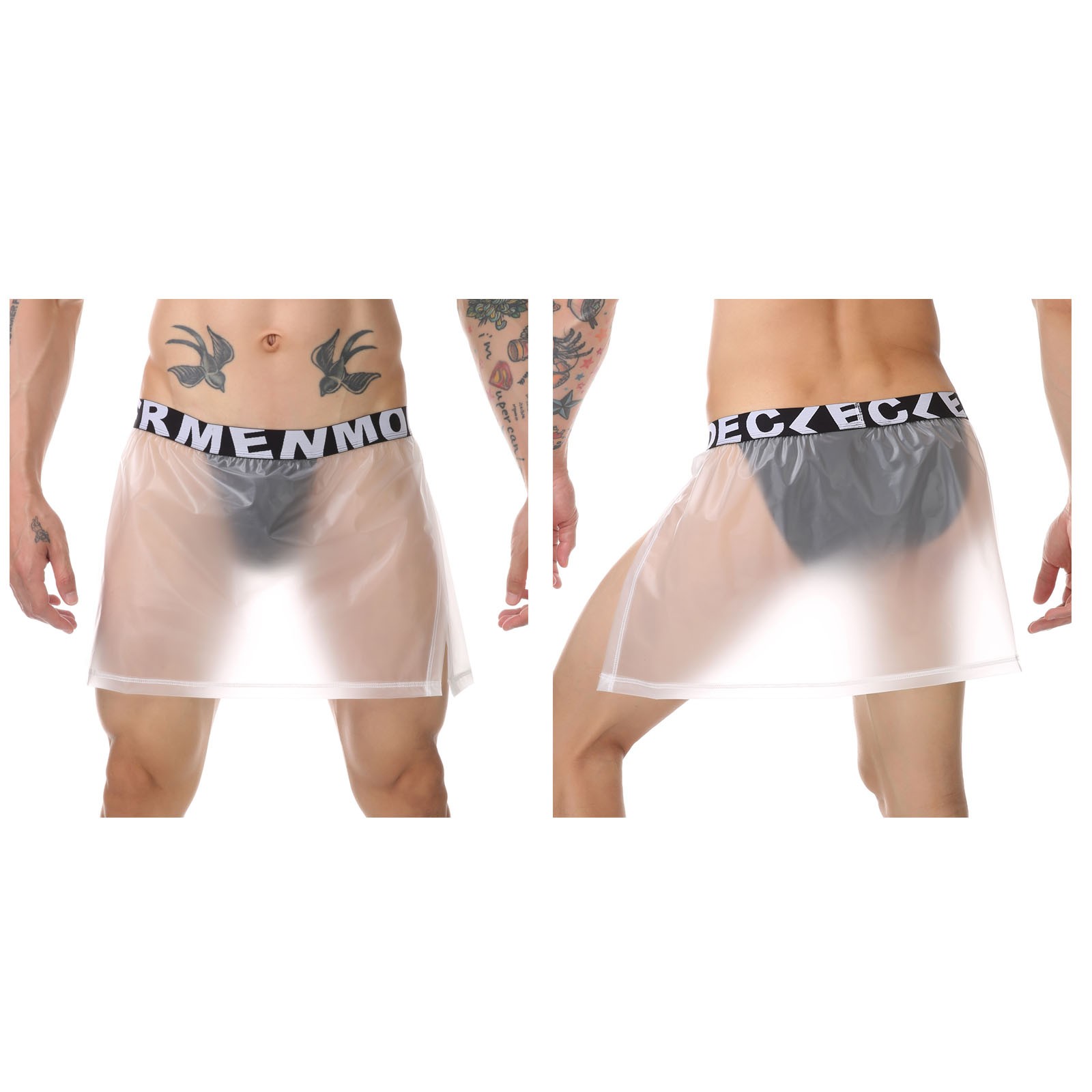 Men Side Slit Waterproof Pvc Skirt with Built-in Briefs Trunk Panties Beachwear