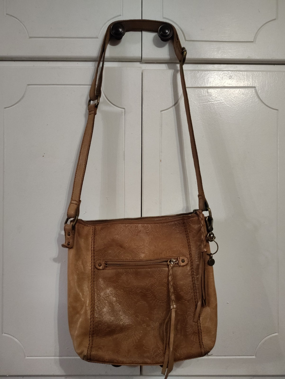 The Sak Ashland Embossed Leather Crossbody Bag Tobacco Floral Emboss