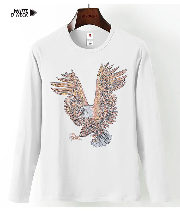 Fashion Trend Eagle Rhinestones Streetwear Long Sleeve Luxury Men V-Neck T-Shirt