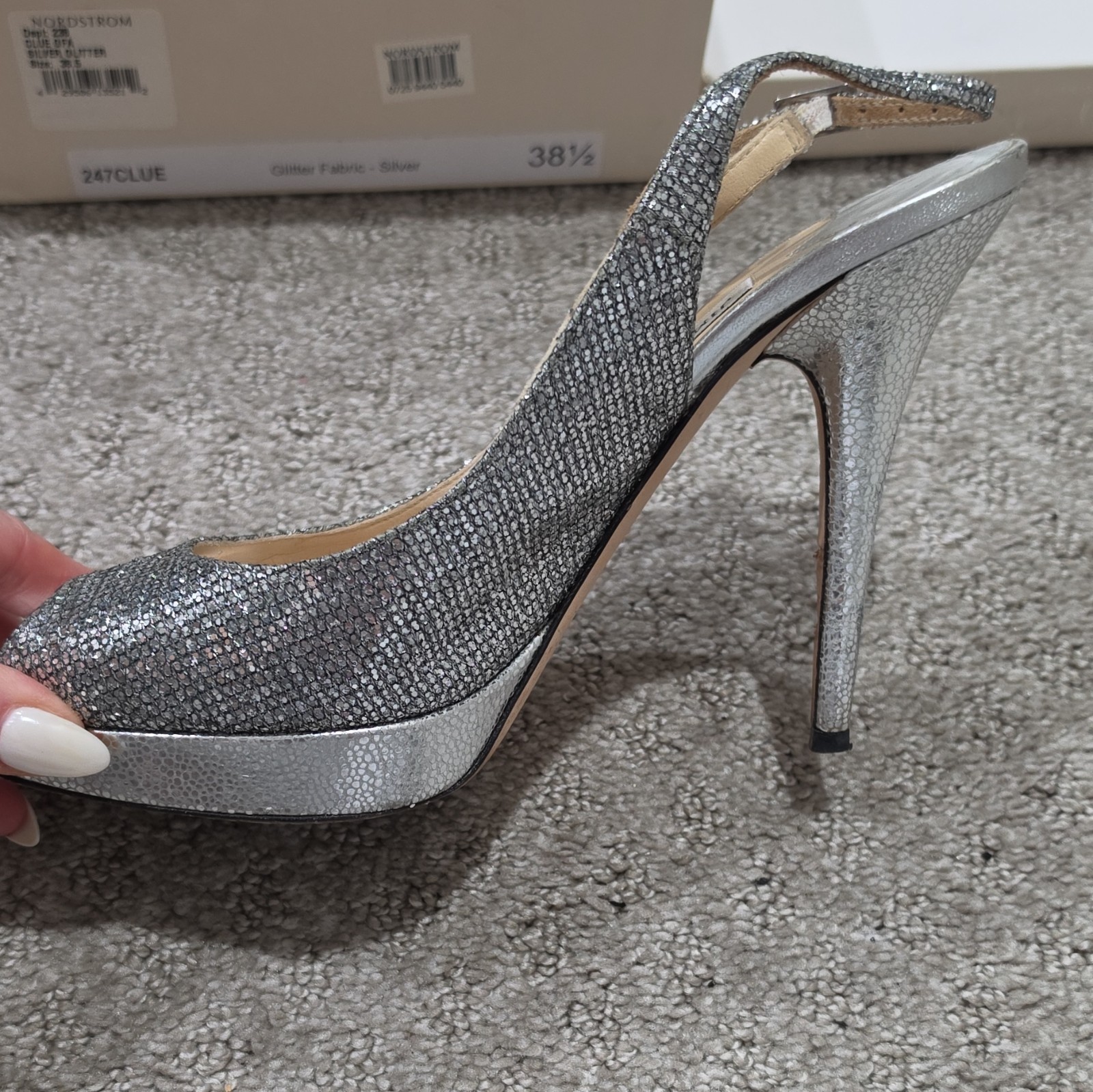 Jimmy Choo Silver Glitter Fabric Platform Peep Toe Ankle Strap Heels 38.5