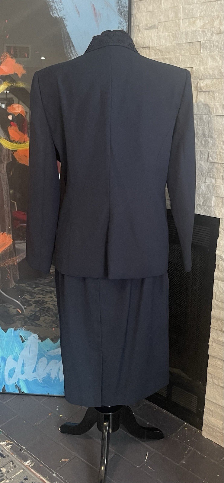 Morgan Miller Navy Blue Black Beaded Detail Skirt Suit Set Special Size 16