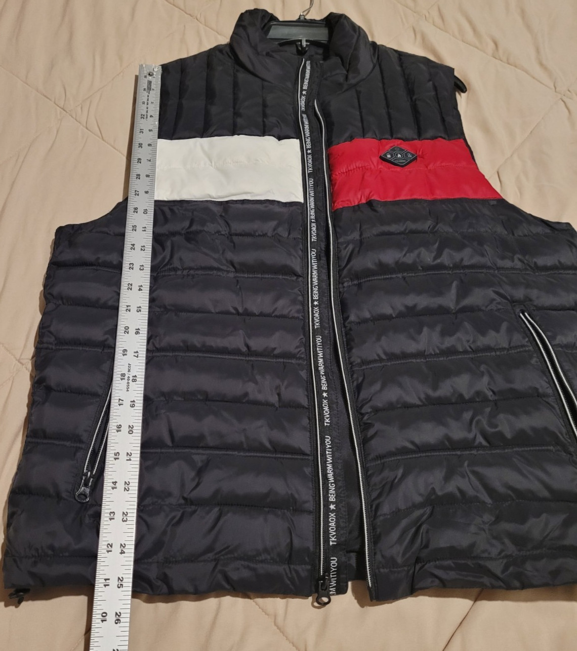 TKVOROAX Men’s Puffer Vest Black Red White Color-block Full Zip Quilted Size M