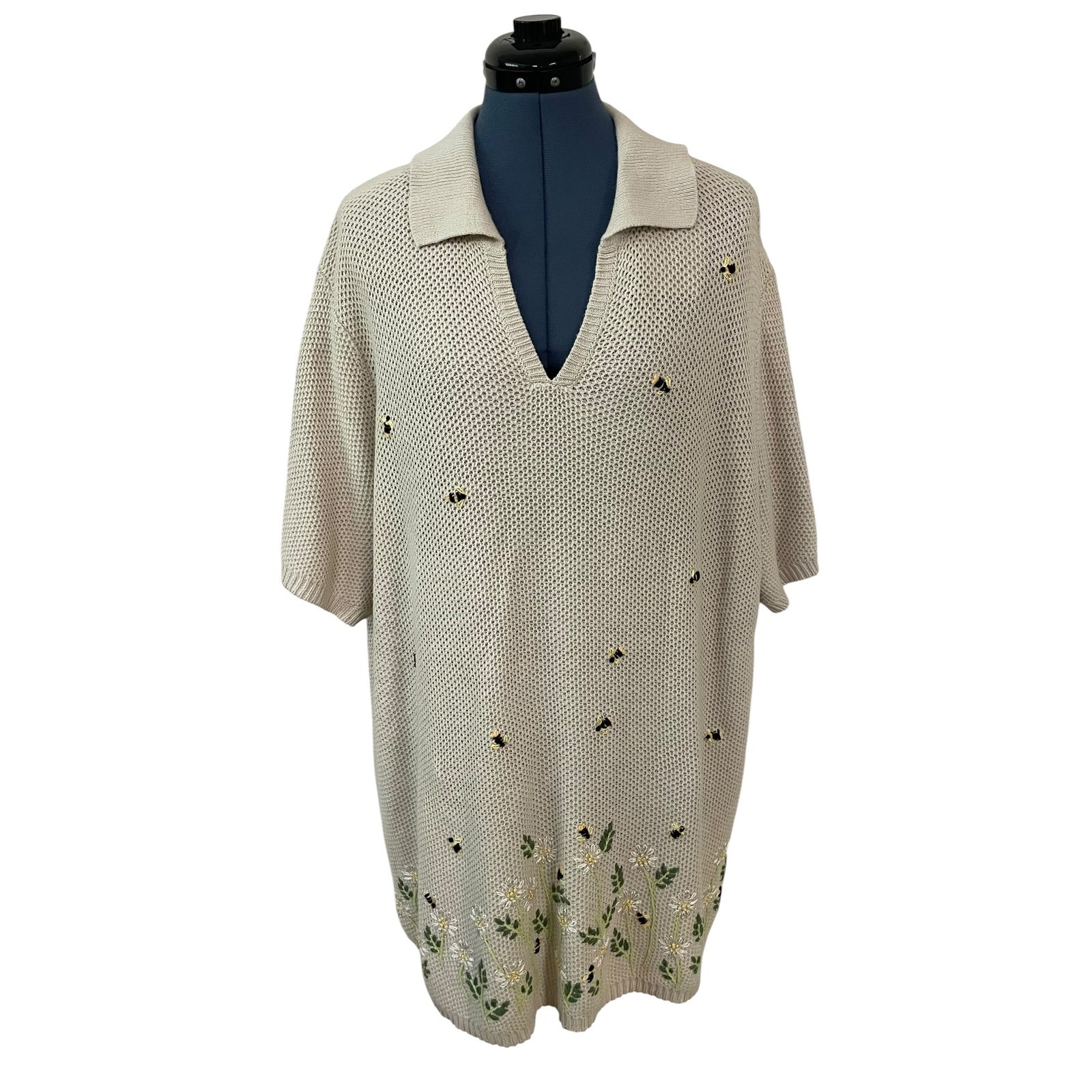 White Stag Plus 26W 28W Bee Floral Embroidered Knit Sweater Grandma Cottage NEW