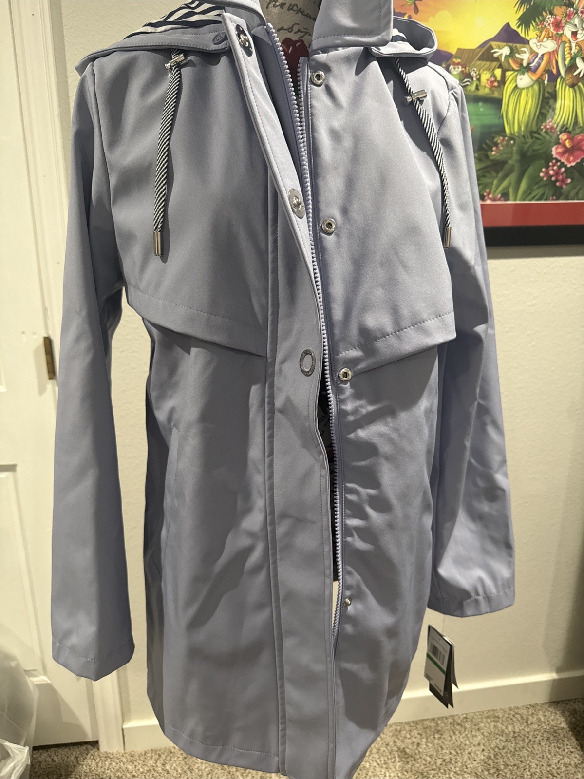 Sz L Womens Jones New York Trench Coat Mid Length Spring Blue Water Resistant