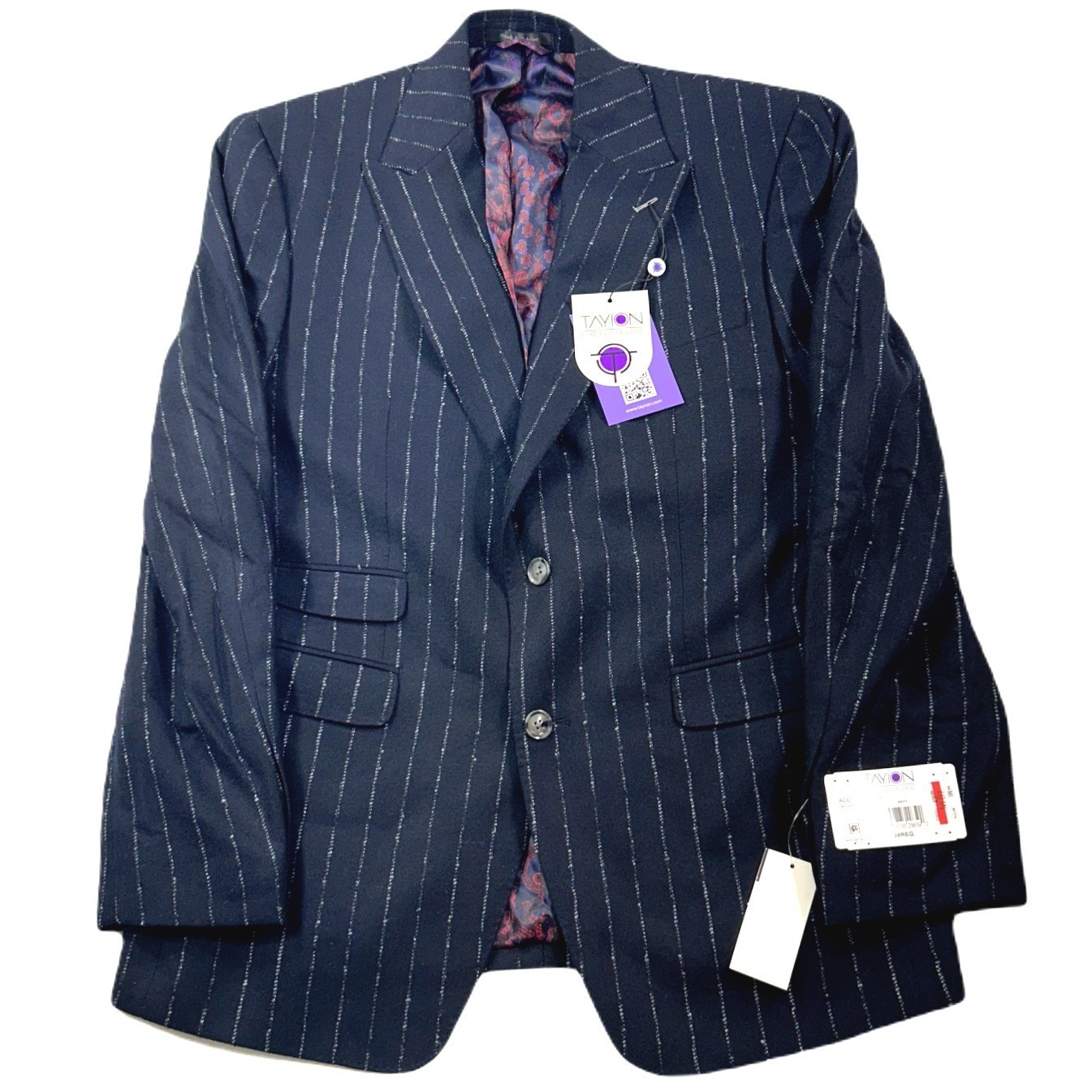 Tayion Collection Suit Jacket Mens 38R 38 Navy Blue Stripe Wool Stretch $425 NEW