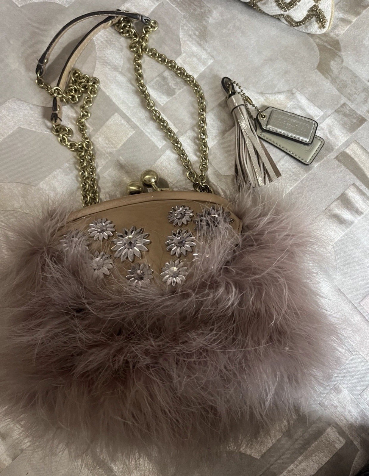 RARE Coach- Pink Poppy Feathered & Jeweled Frame Clutch Bag