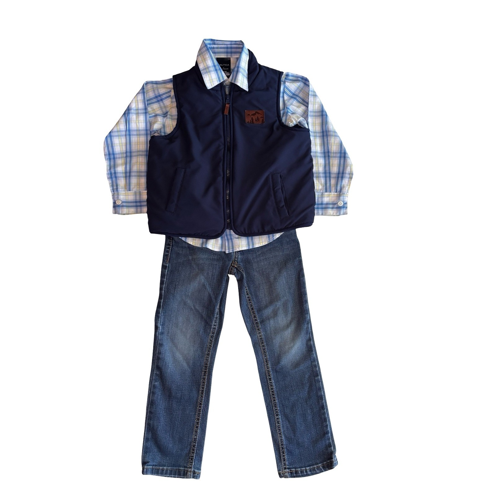 Nautica Levi’s Boys 3 Piece Vest Plaid Shirt Jeans Set Size 5 Blue Excellent