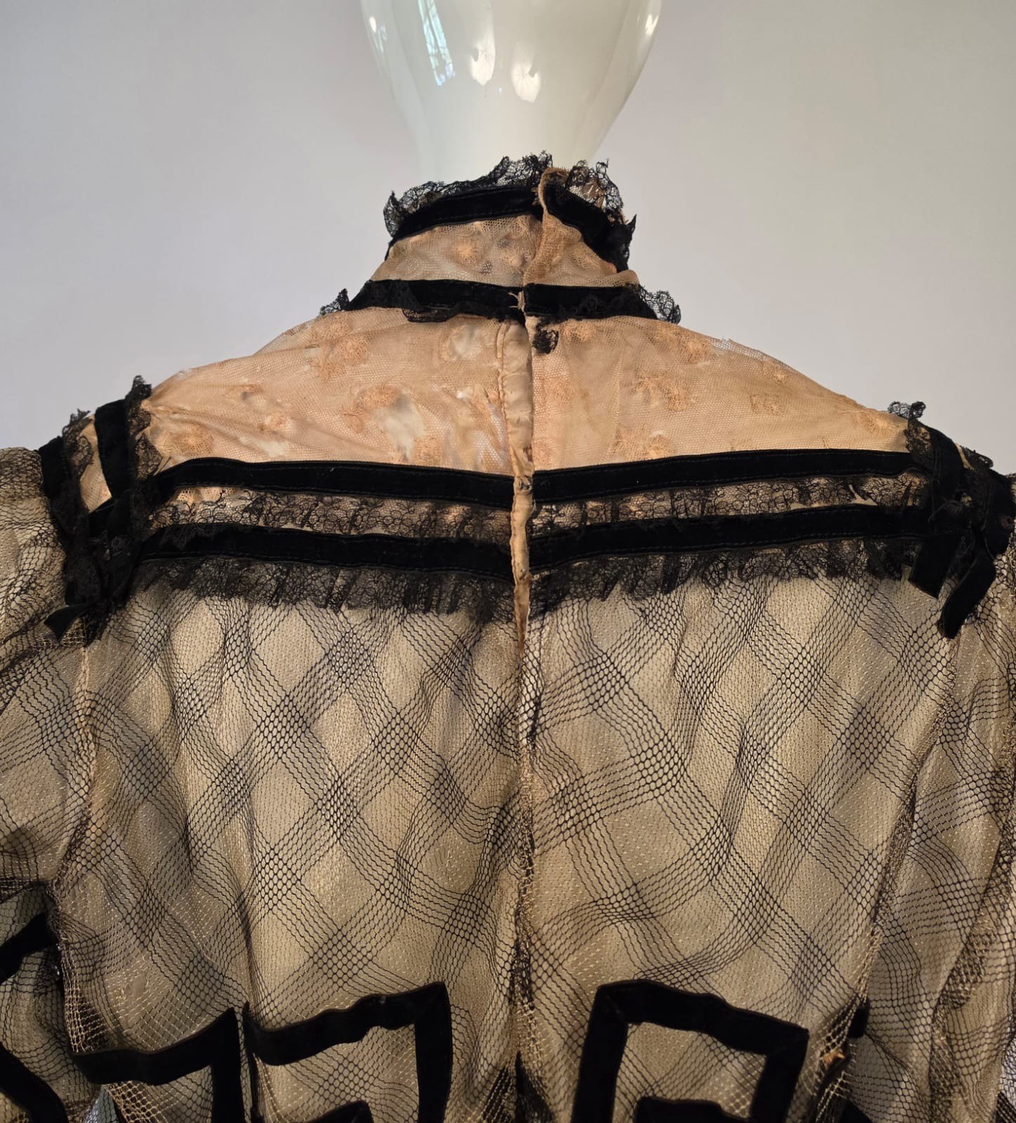 EDWARDIAN PLAID WOVEN NET BLOUSE W SILK VELVET DETAILS + HIGH BAND COLLAR