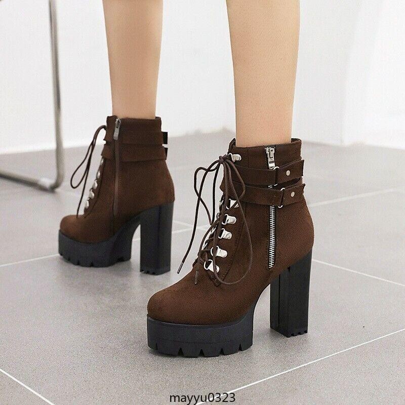 Women’s Ankle Boots HIgh Chunky Heel Shoes Platform Lace Up Zip Buckle Oversize