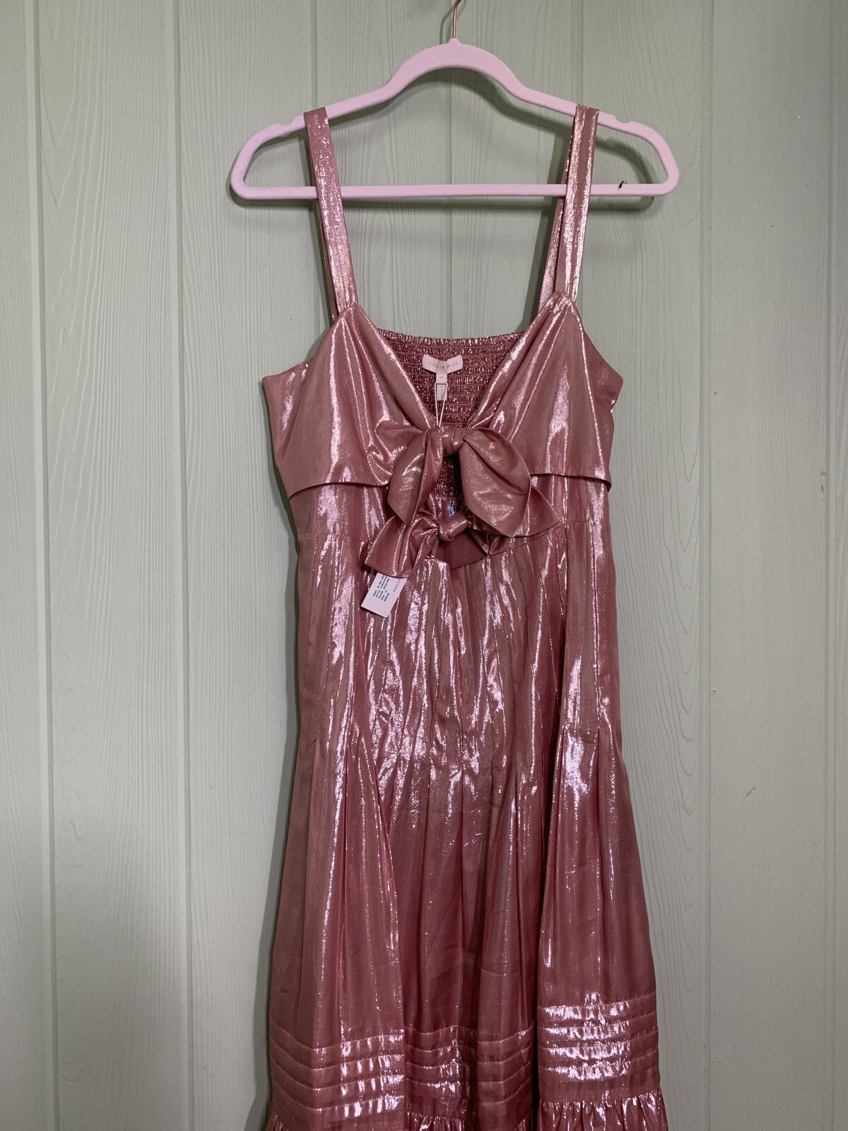 Rebecca Taylor Chiffon Bow Tie Metallic Shimmer Pink Pleated Midi Dress 14