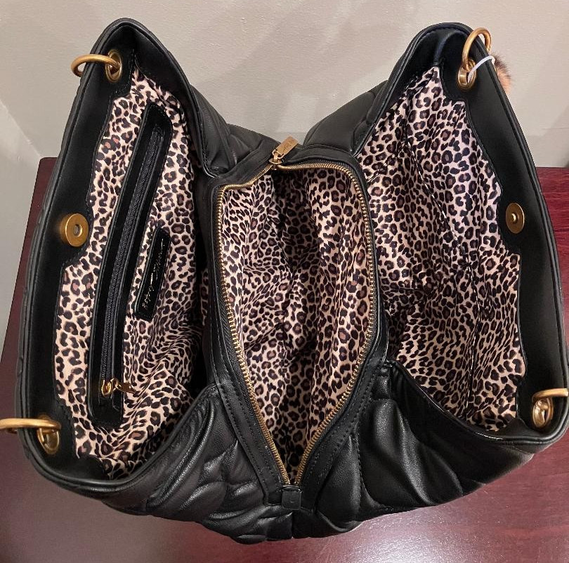 BETSEY JOHNSON XO Mia Black Heart Quilted Gold Studded Tote Handbag Purse – New!
