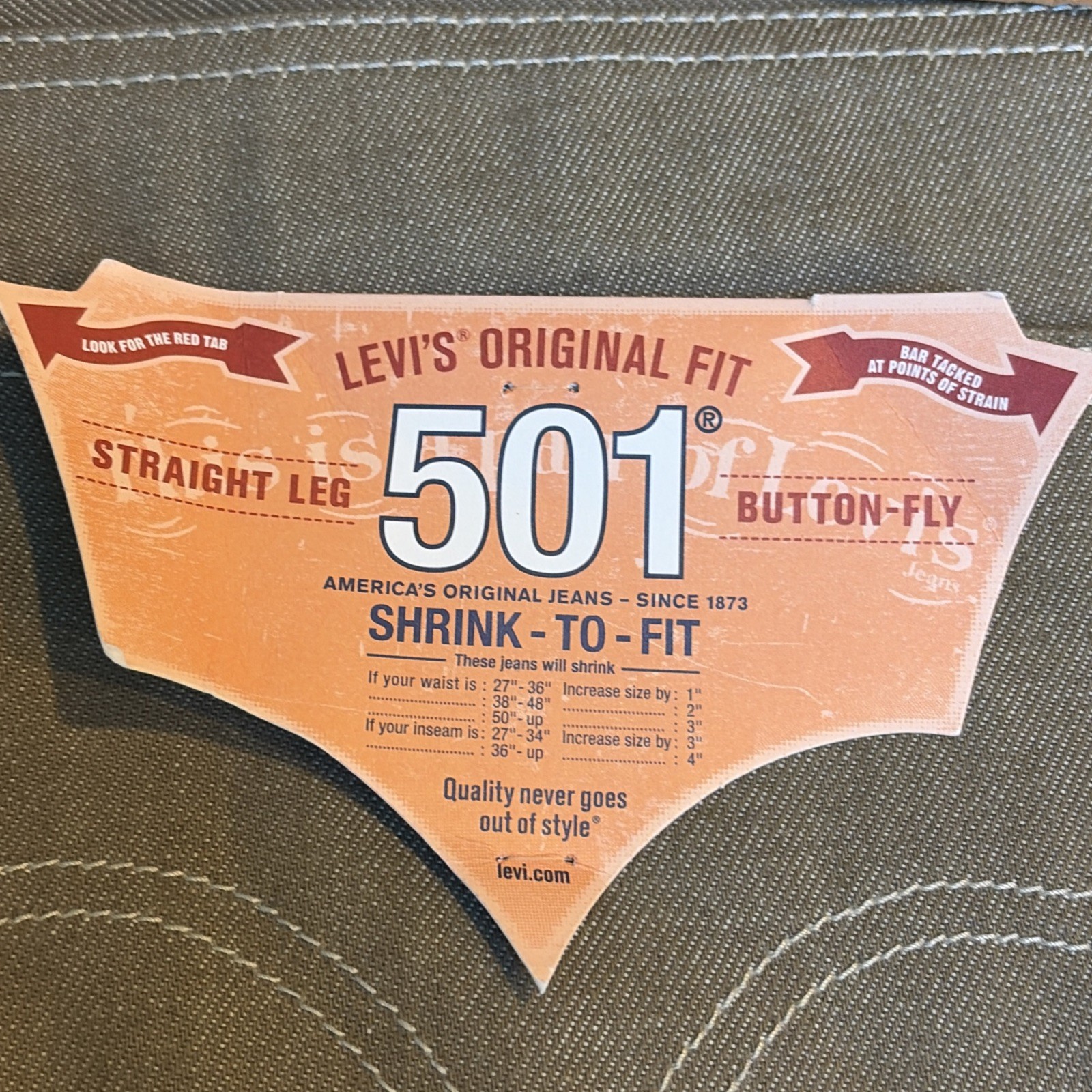 Levis 501 Shrink To Fit Button Fly Jeans Color Dark Khaki Rigid 46×34