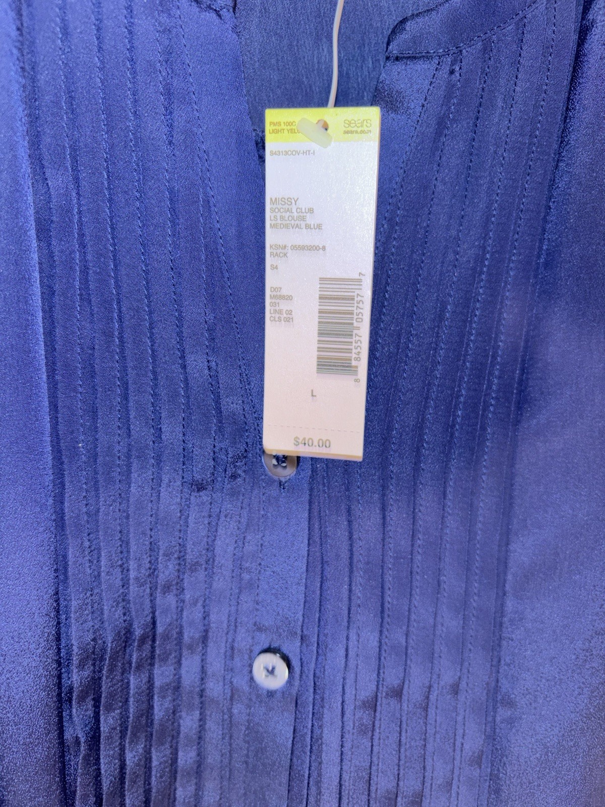 Covington Women’s L Navy Solid Chiffon Polyester V-Neck Pleated Button Blouse