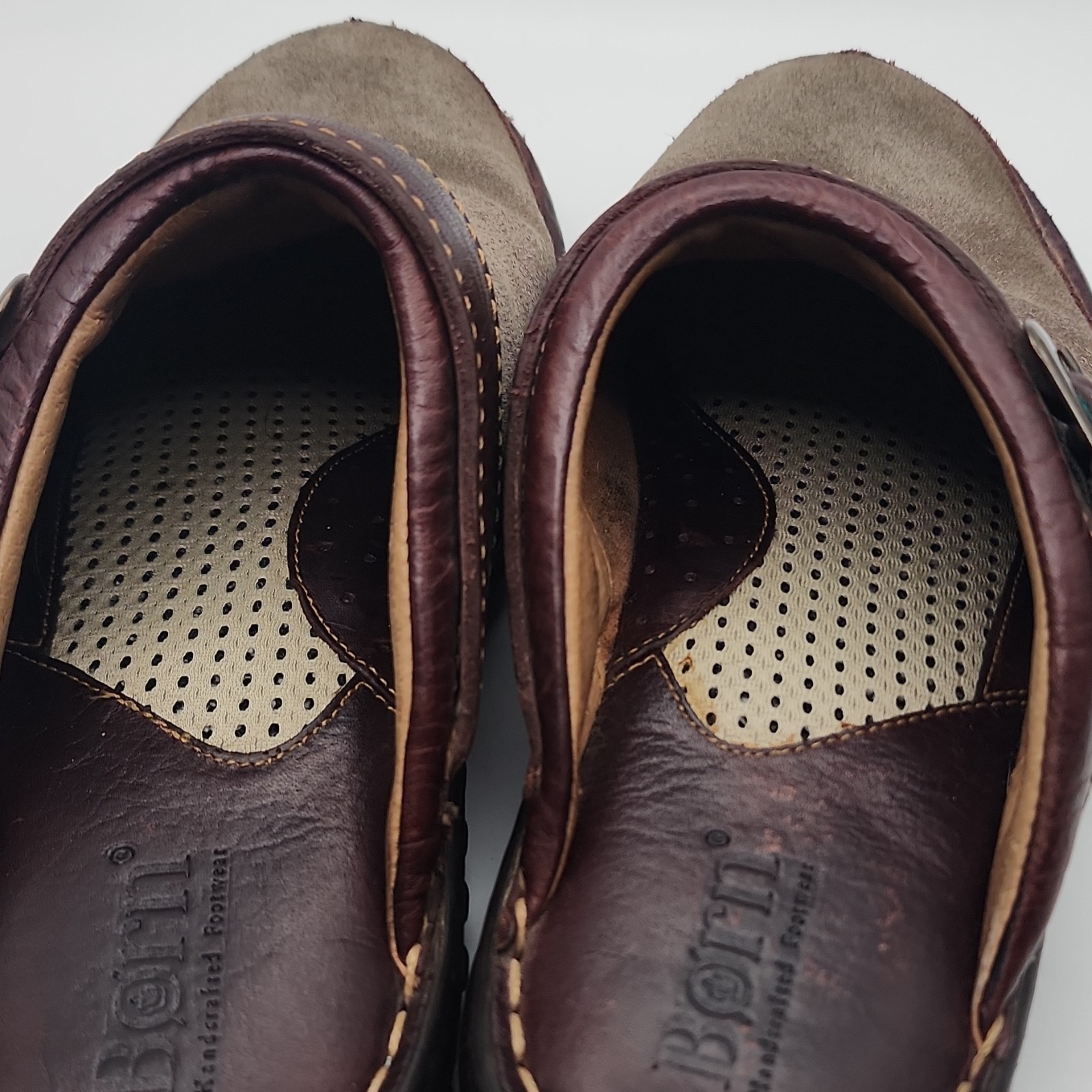 Born Womens Leather Slip-On Clog Mule Sandal w/ Buckle Strap Brown/Gray 7