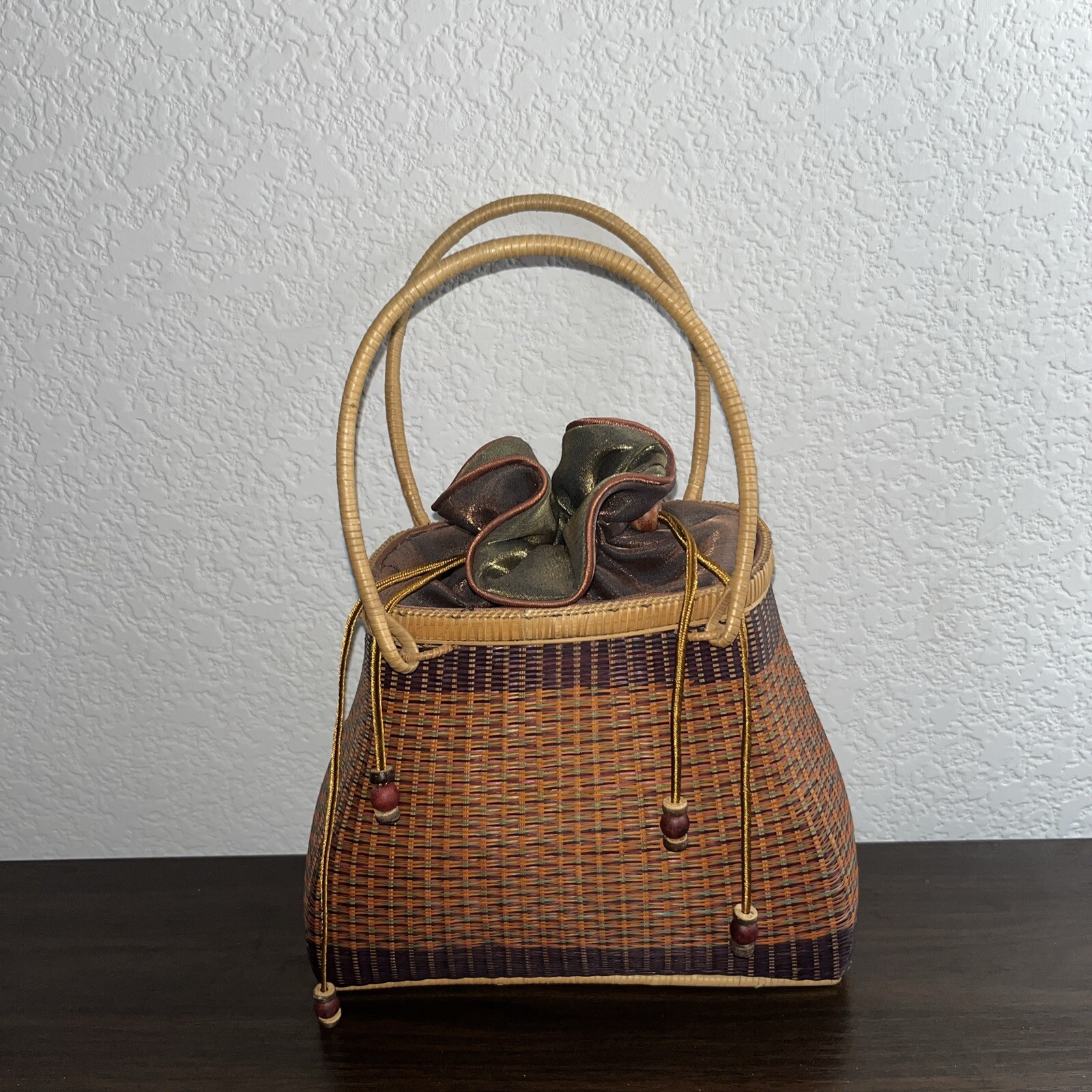 Bamboo Wicker Woven Handbag Purse Drawstring Top Fabric Lining Beautiful Colors