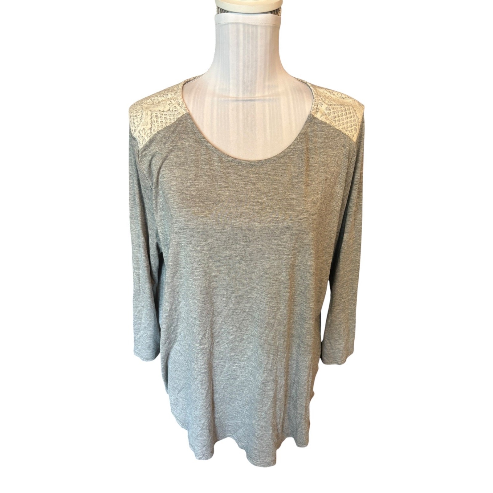 pixley Gray Long Sleeve Top White Lace Overlay Size L
