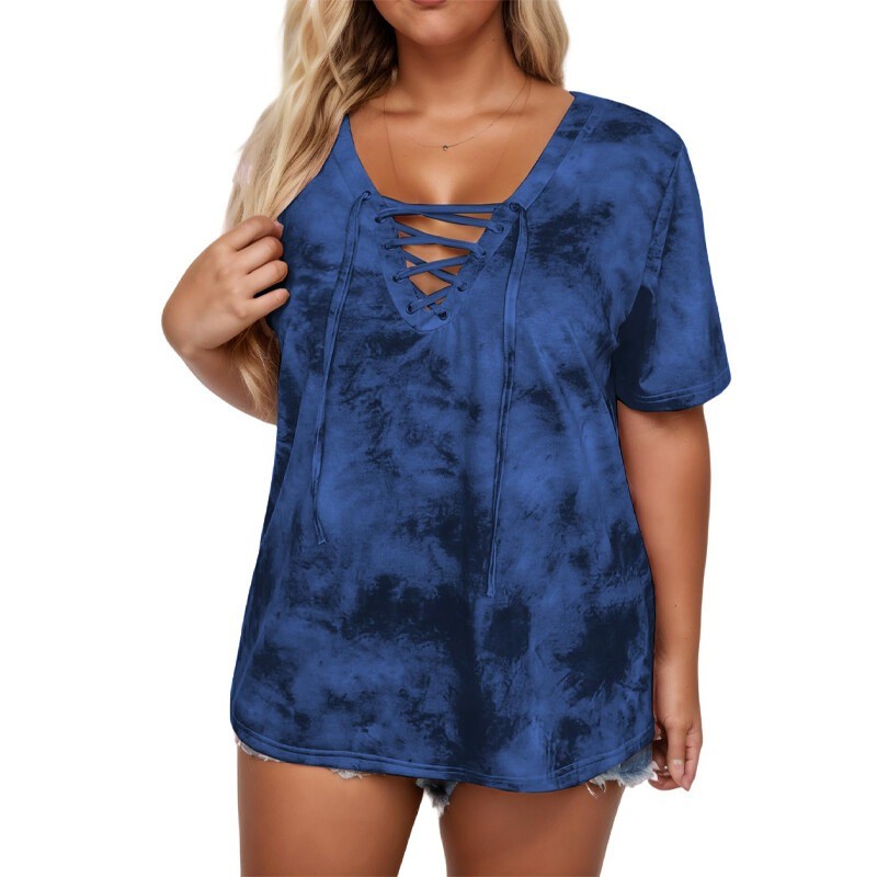 Plus Size Women’s Short Sleeved Tie Dye T-Shirt Loose Oversized Top V-neck Tops