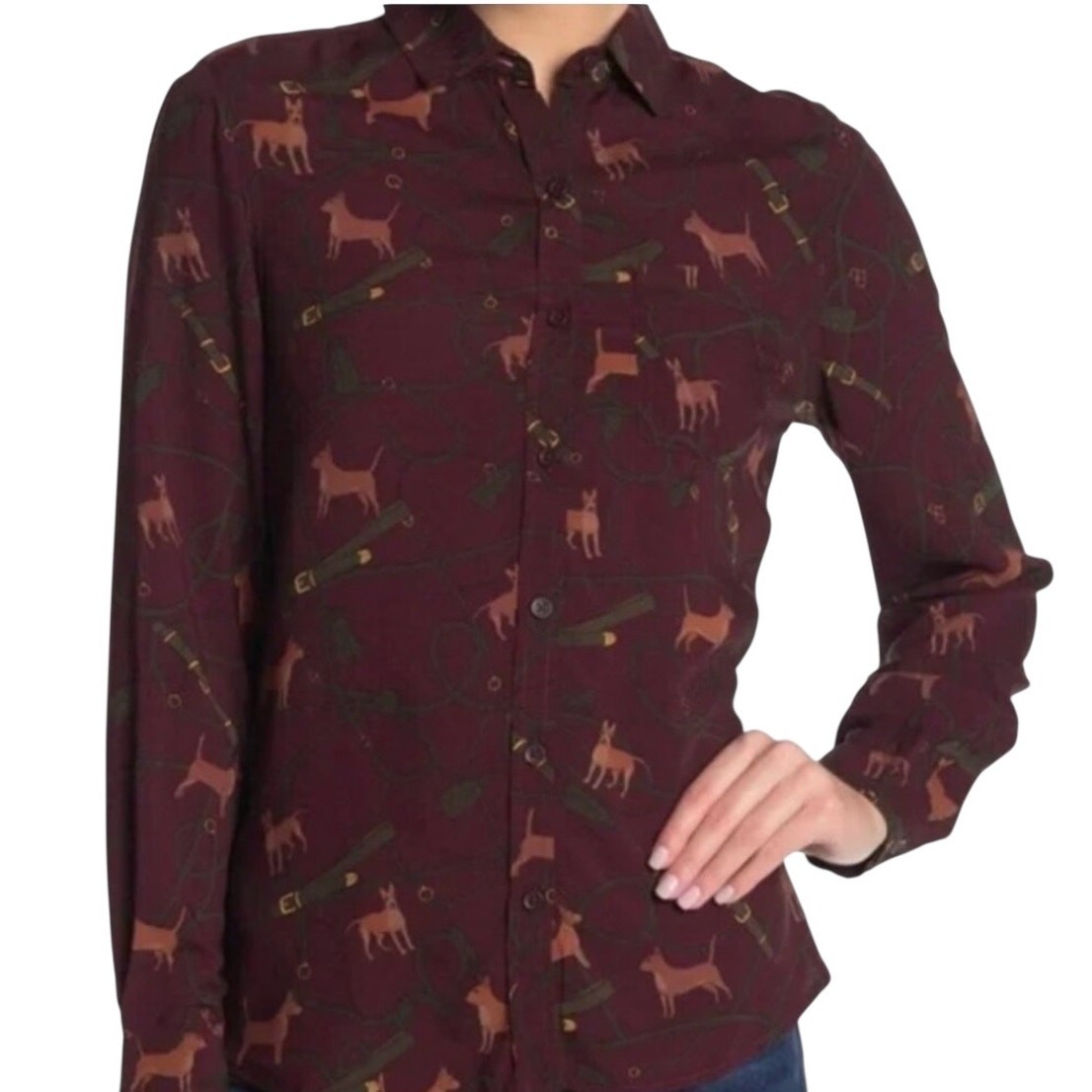 Beach lunch lounge all over dog puppy print button front burgundy blouse sz M
