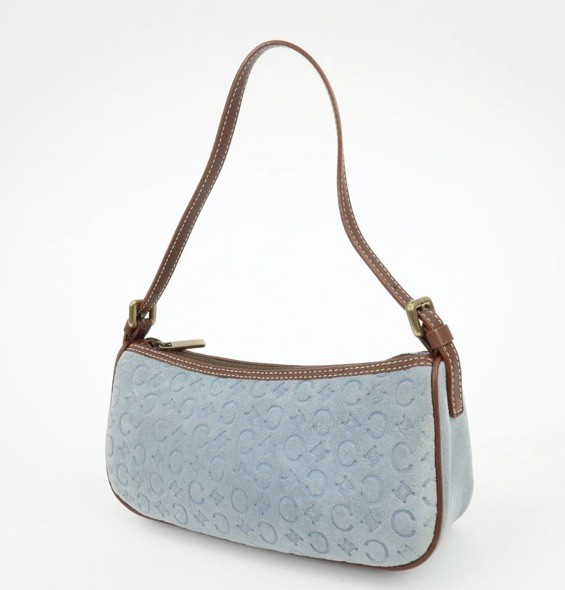 CELINE C Macadam Suede Leather Pochette Shoulder Bag (RARE Light Blue) Vintage