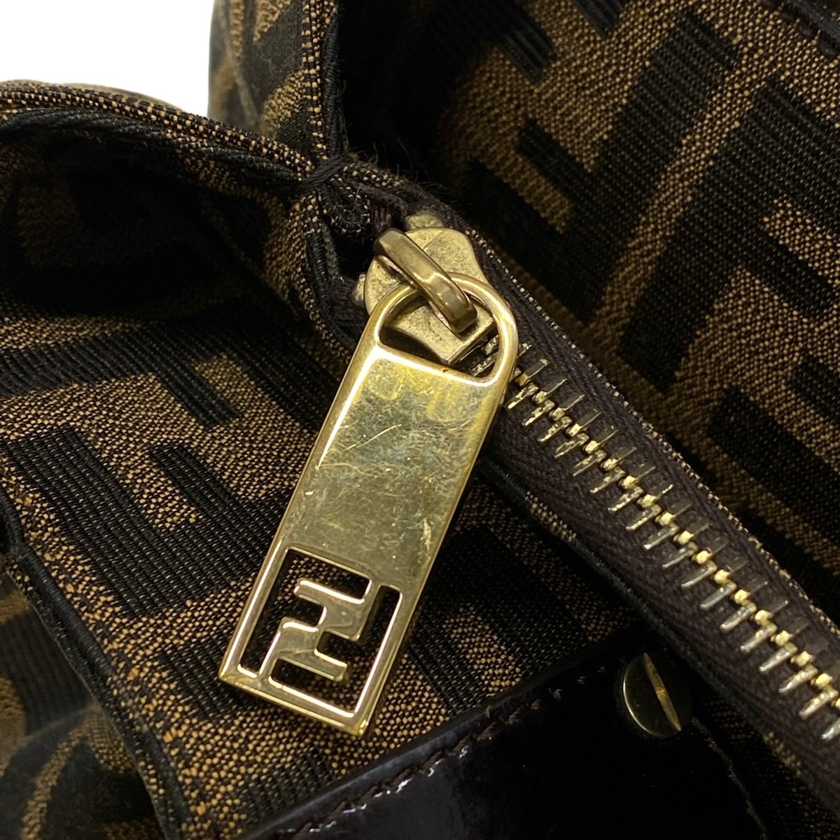FENDI Zucca 8BR615 Light Brown Black Gold Jacquard Patent Leather Hardware