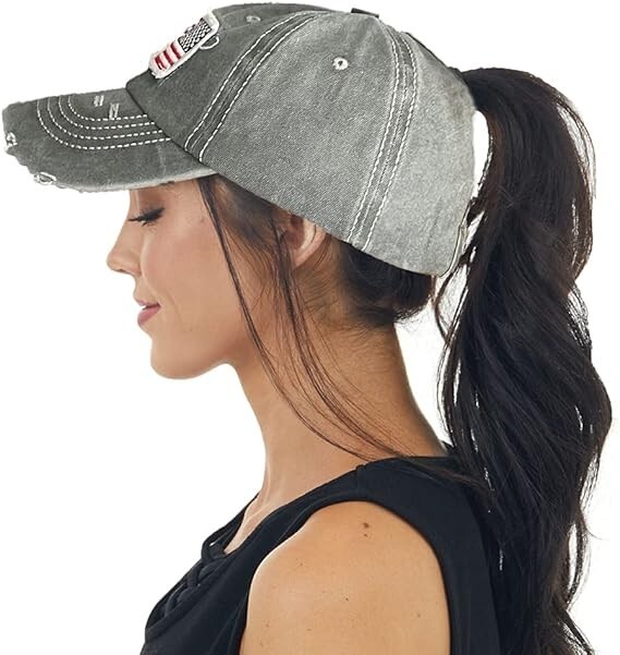 Distressed Ponytail Hat for Women American-Flag Pony Tail Caps High Bun