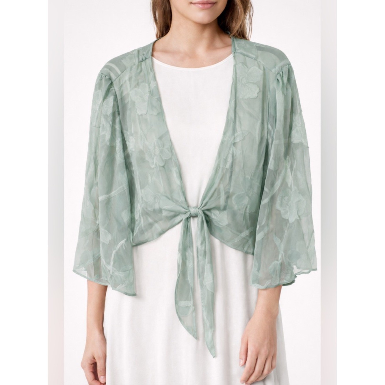 MSGlamor NWT Sage Green Sheer Floral Tie Front Top Cardigan XXL Boho Romantic