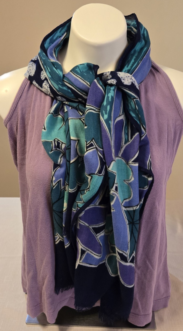 AXCESS Scarf Irish Clover Print 100% Rayon Italy Blue Aqua Purple Navy 20×62