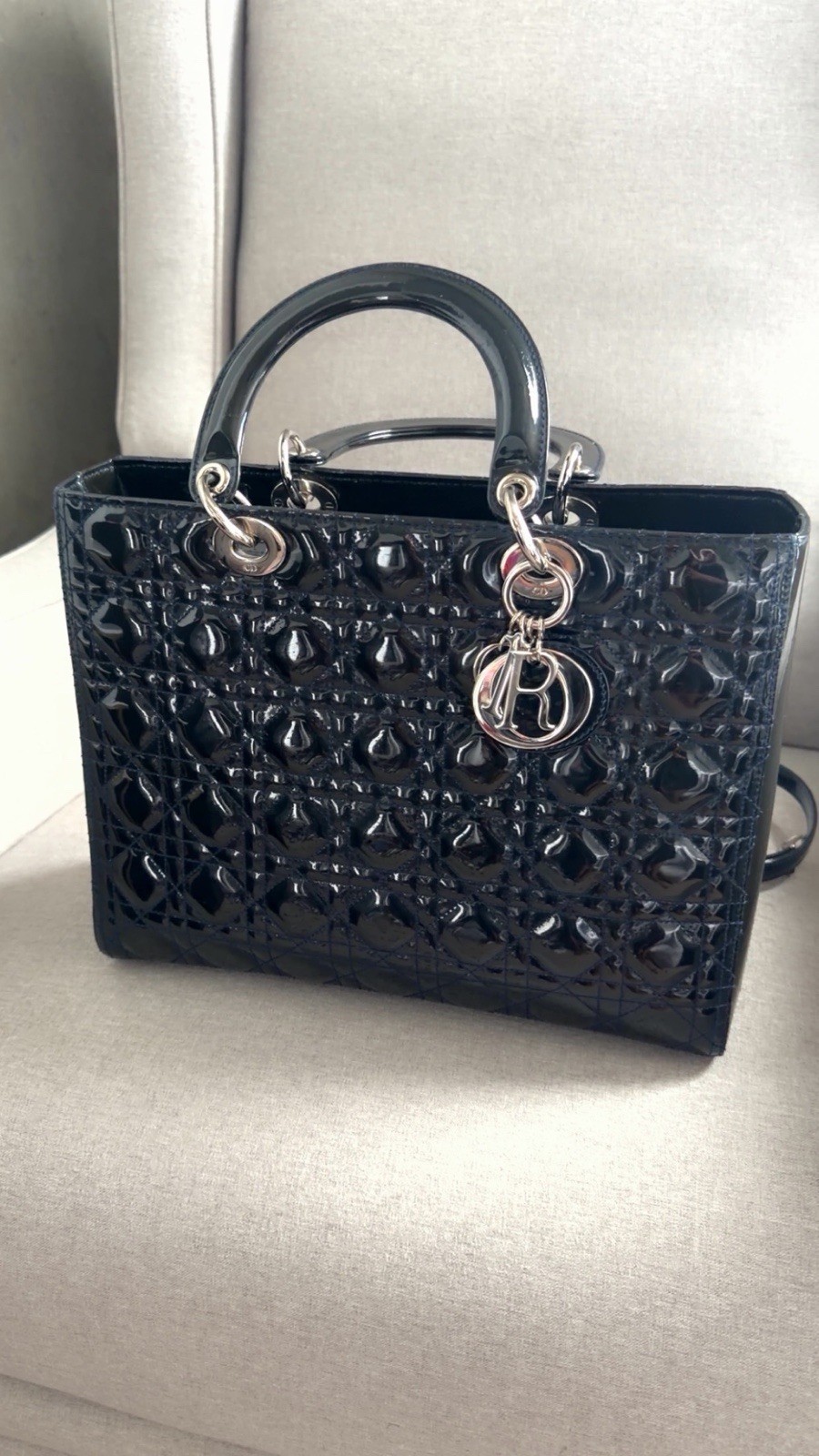 Dior navy blue Patent Lady Dior Satchel with Silver Hardware
