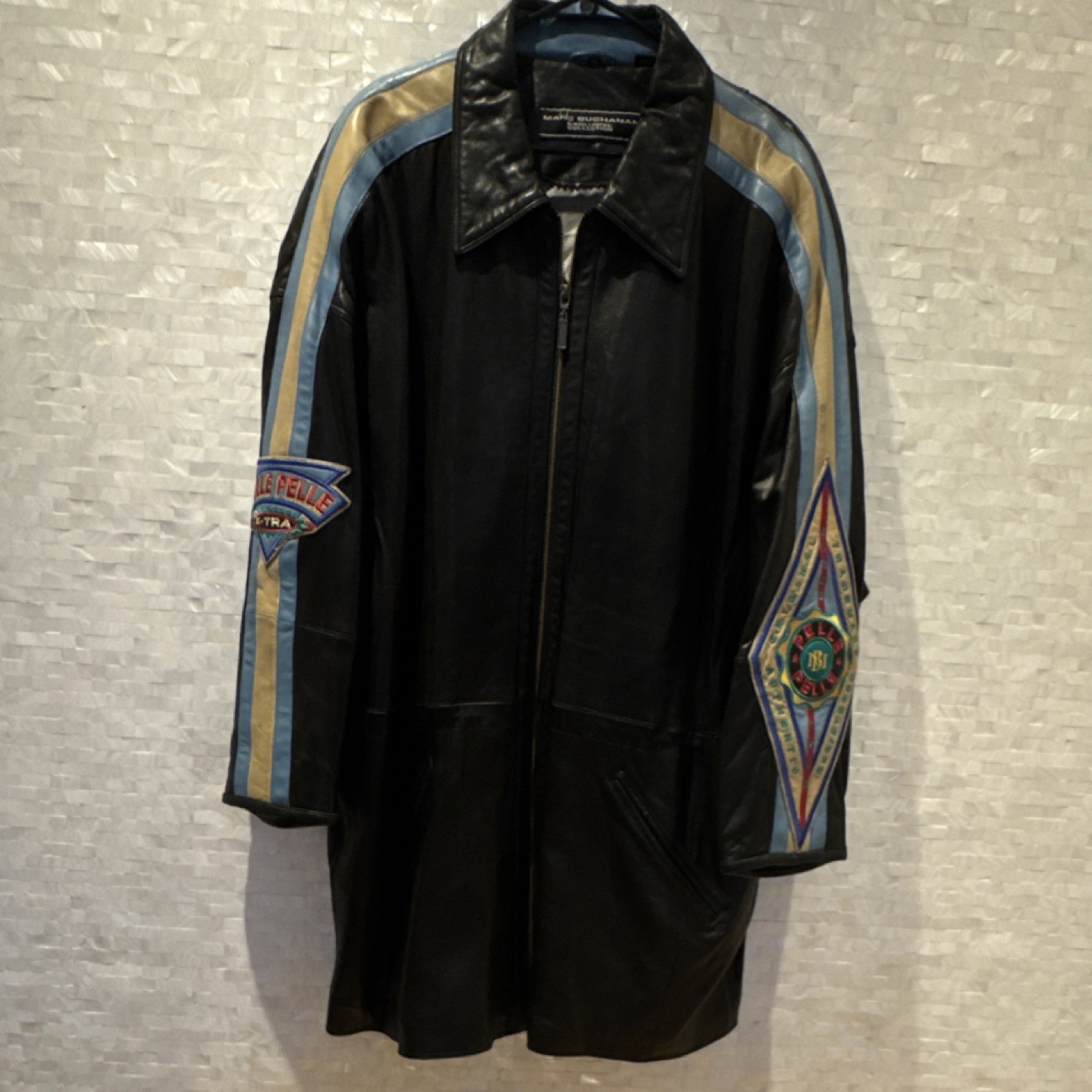 Marc Buchanan Leather Jacket Striped Logo Men’s Black Blue Beige Size 44