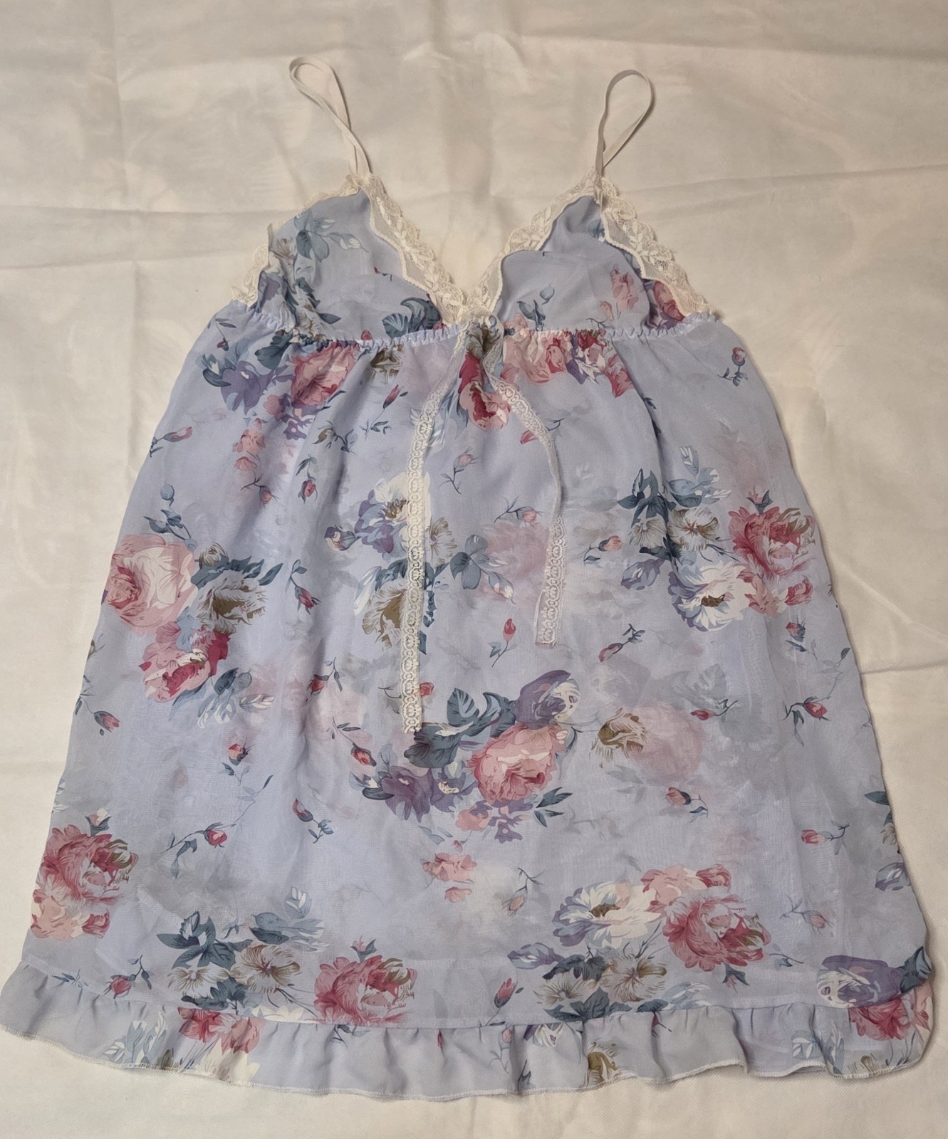 Women’s Size L Light Blue Floral Translucent Lace Trim Thin Strap Nightgown