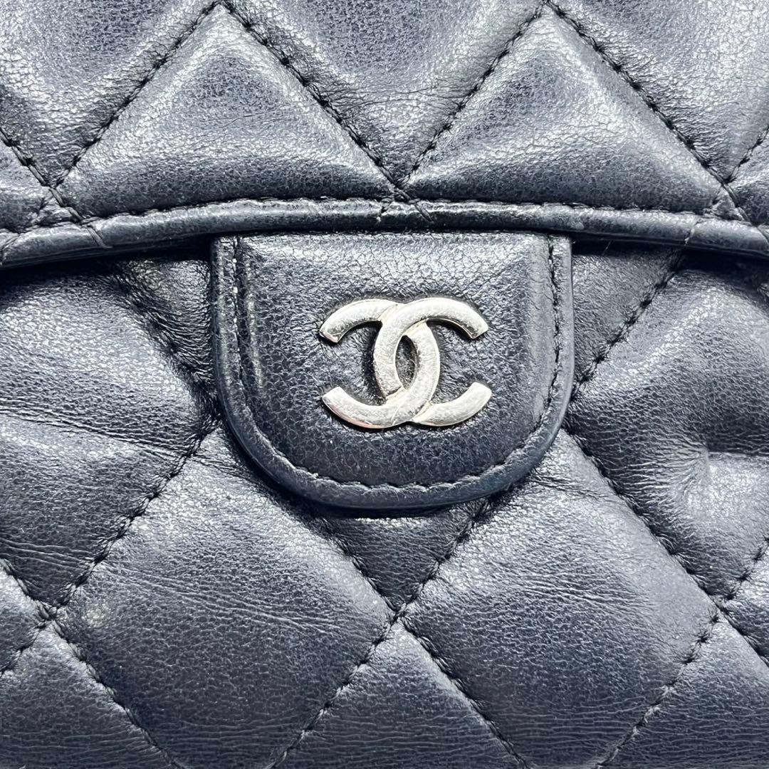 CHANEL Matelass Black Lambskin Tri Fold Wallet Silver