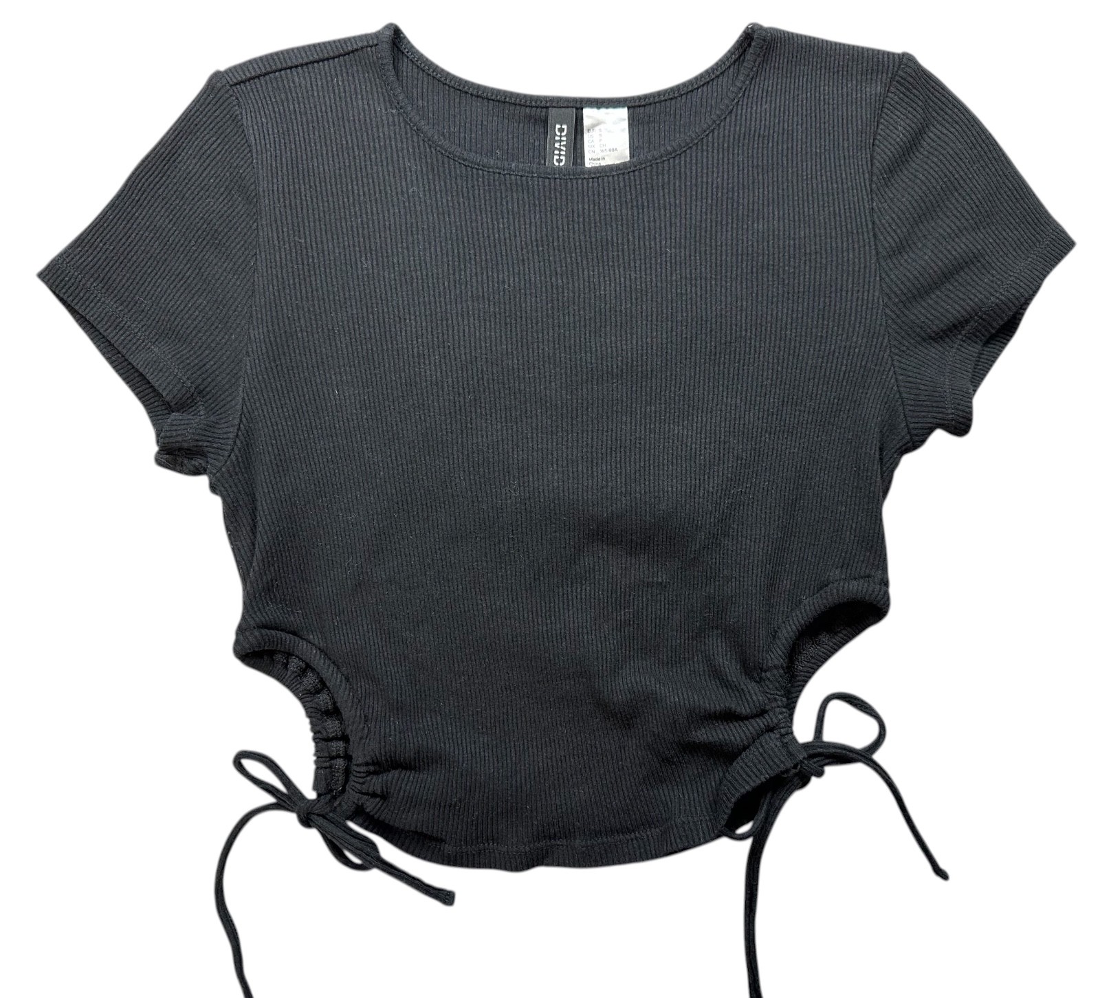 DIVIDED by H&M Crop Top Black Ribbed Short Sleeve Cut Out Sides Women’s Small