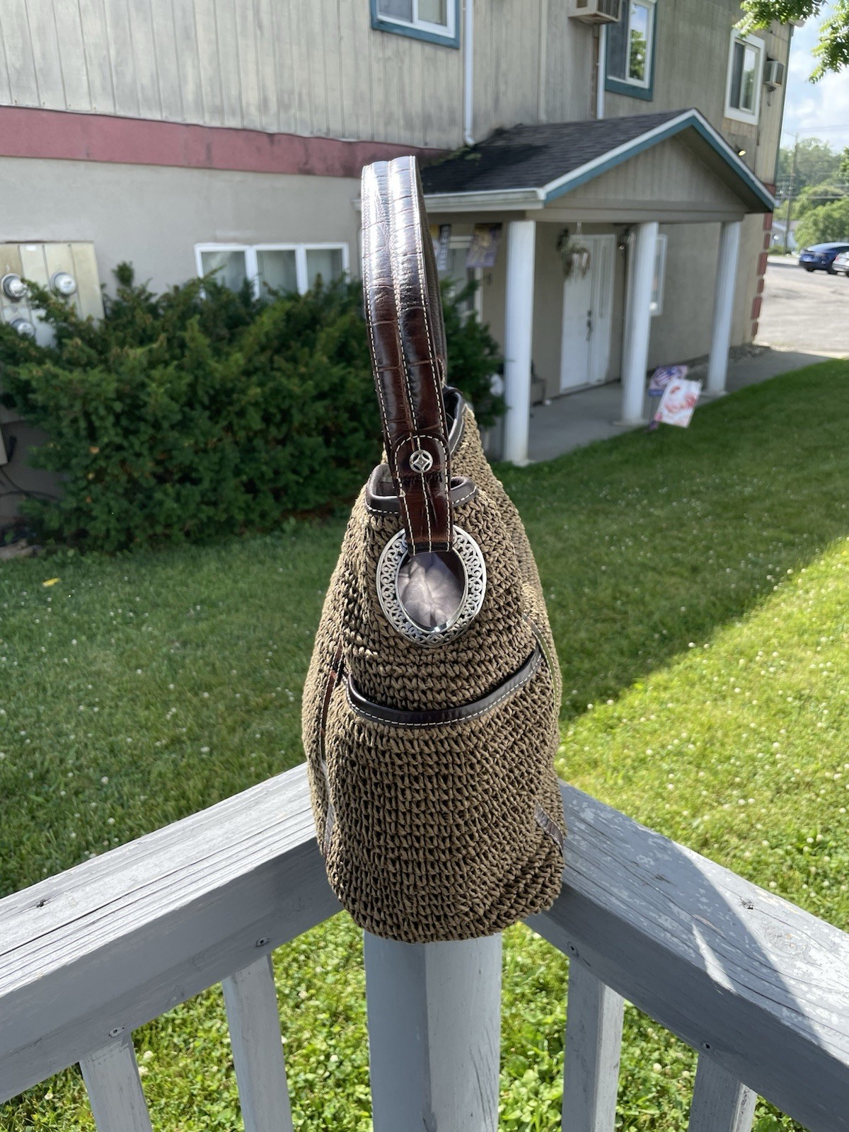 Brighton Salina Brown Woven Shoulder Bag Zip Closure Inner Pockets