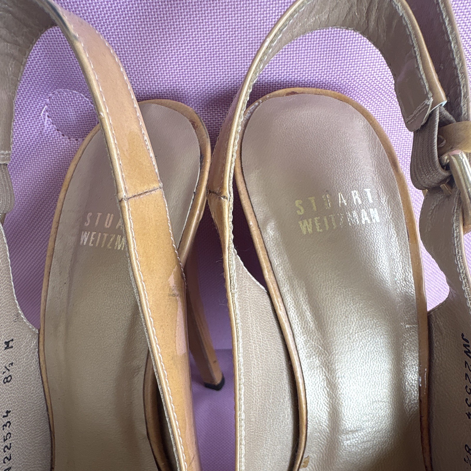 Stuart Weitzman Tan Patent Leather Platform Slingback Peep Toe 8.5M