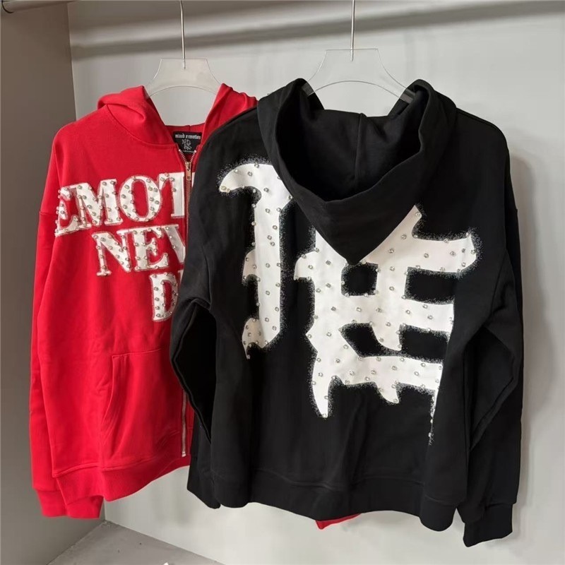 Mixed Emotion – Beaded Letter Print Zippered Hooded Sweatshirt
