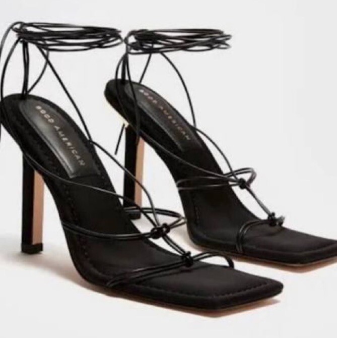 Good American Caged Neoprene Lace Up Sandals Square Sexy Square Heel Black 10