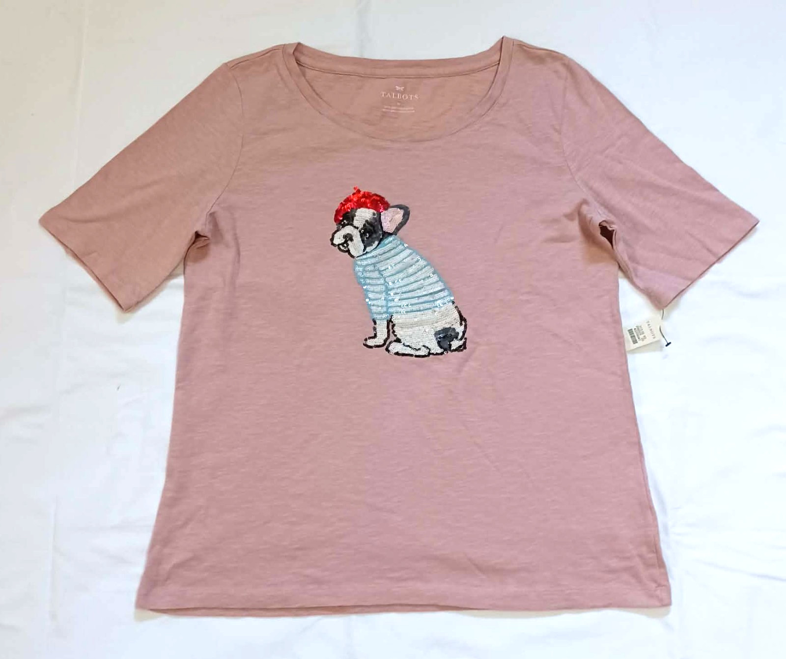 NEW $49 TALBOTS Sequined Frenchie Tee, Soft Rosebud Pink Sz M