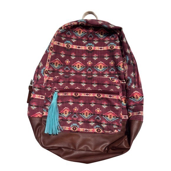 Southwestern Canvas Backpack Burgundy Brown Boho Multiple Pockets Medium