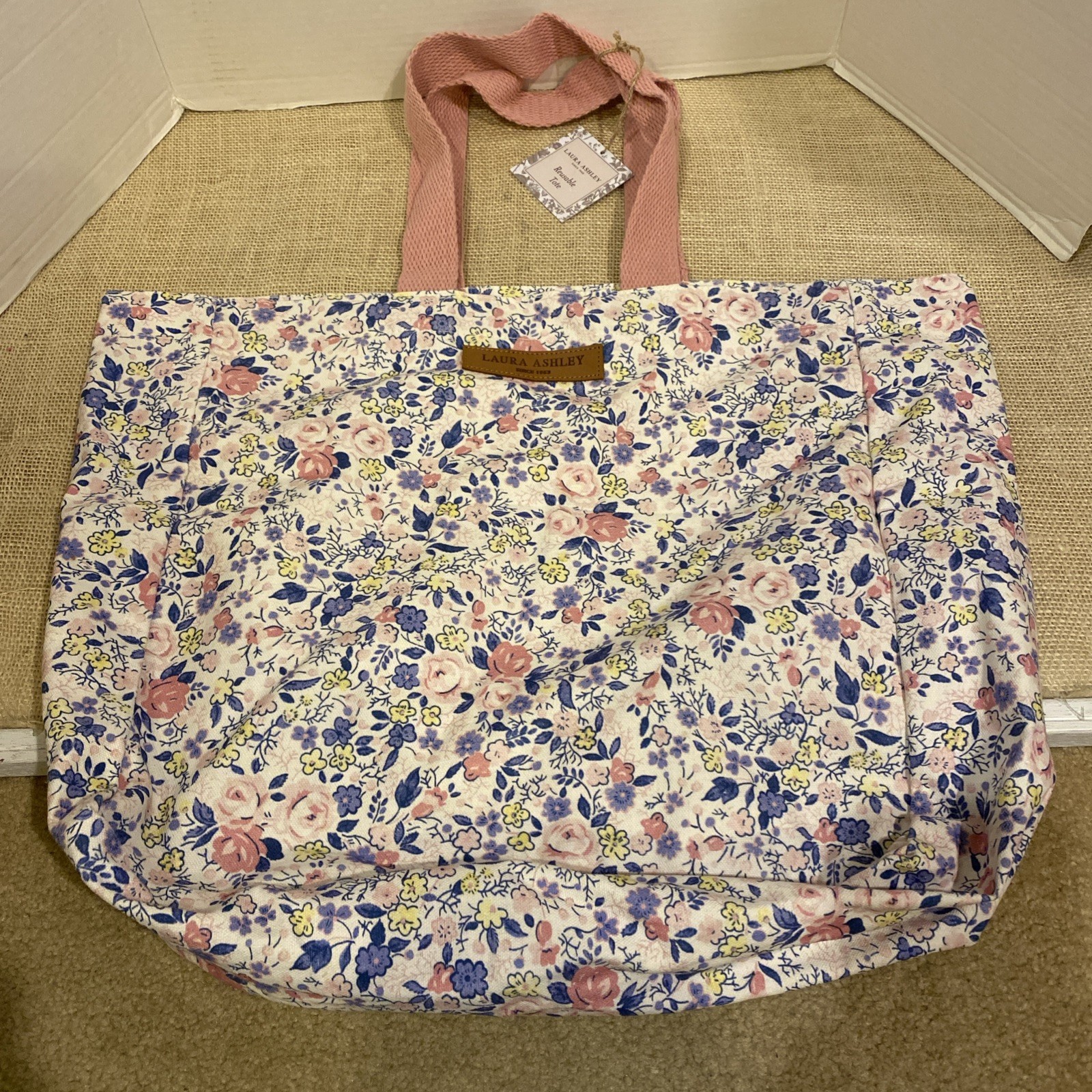 LAURA ASHLEY Tote Reusable Ivory Blue Pink Canvas Floral 15 X 16 X 6 NWT