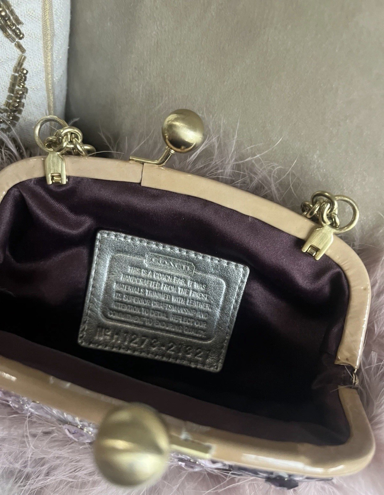 RARE Coach- Pink Poppy Feathered & Jeweled Frame Clutch Bag