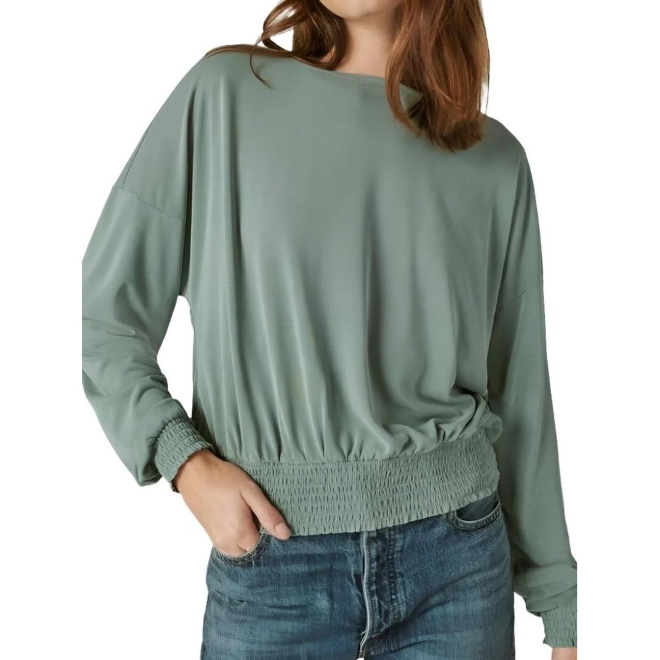 Lucky Brand Sage Green Smocked-Hem Boatneck Top, Size XL