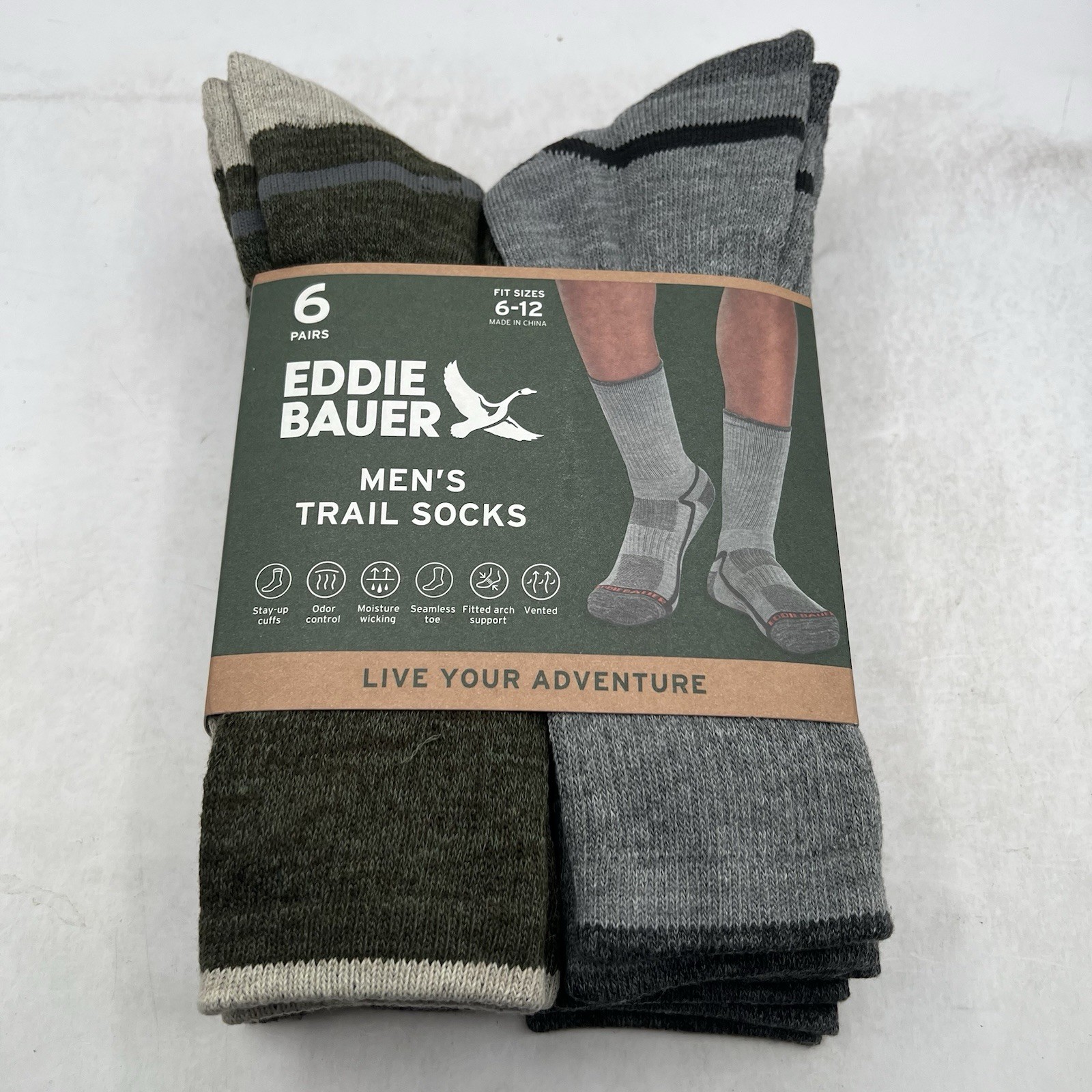 Eddie Bauer Men’s Trail Socks Arch Support Sz 6-12 Odor Control 6 Pairs Green