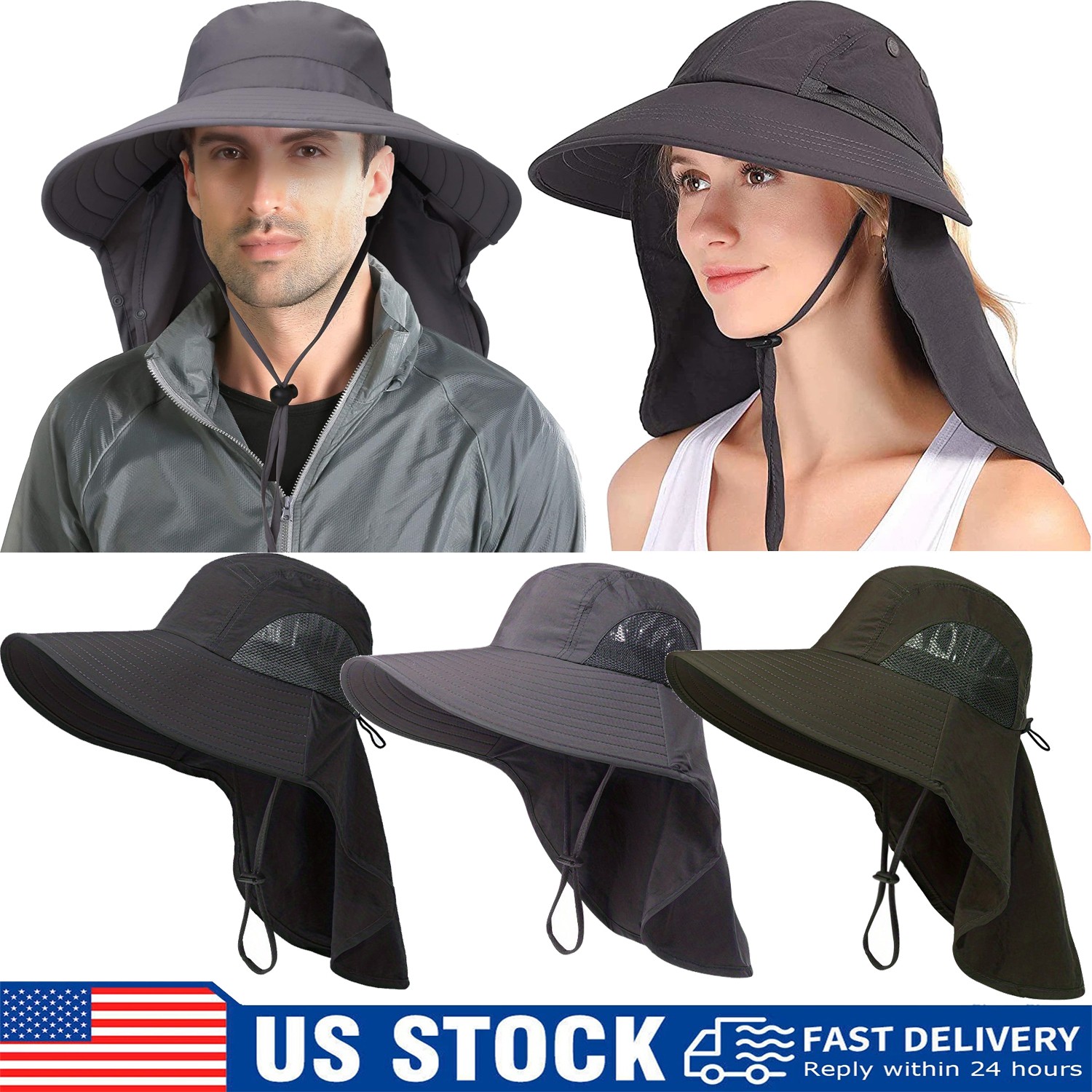 Wide Brim Sun Hat with Neck Flap UV Protection Hiking Fishing Cap for Men Women