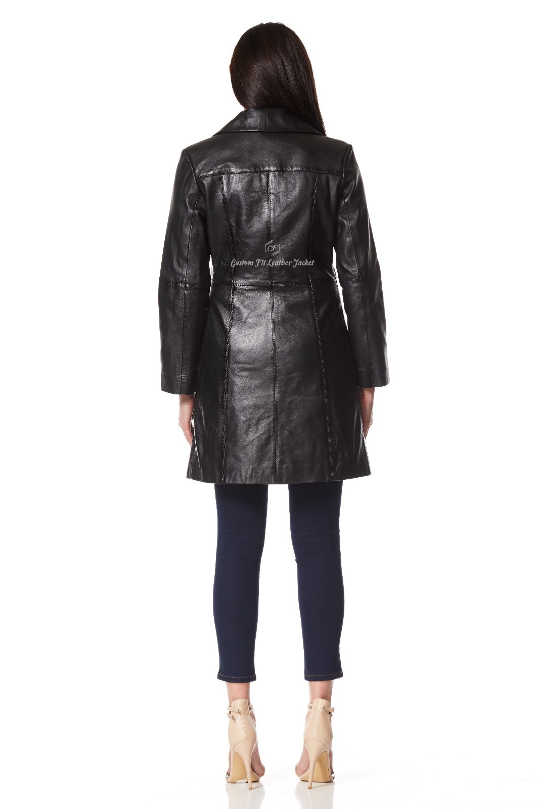 Ladies Leather Trench Coat Jacket Black Classic Knee-Length Designer Coat 3457