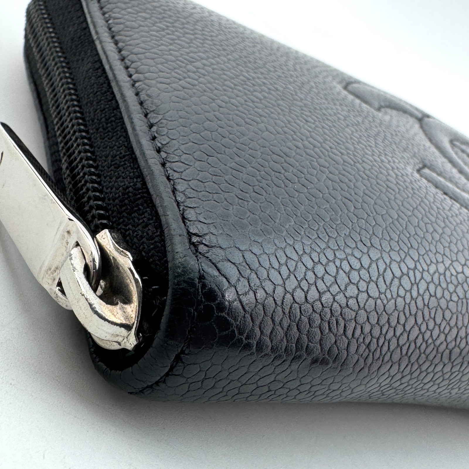 CHANEL Black Caviar Skin Leather Zip Around Wallet COCO Mark Authentic