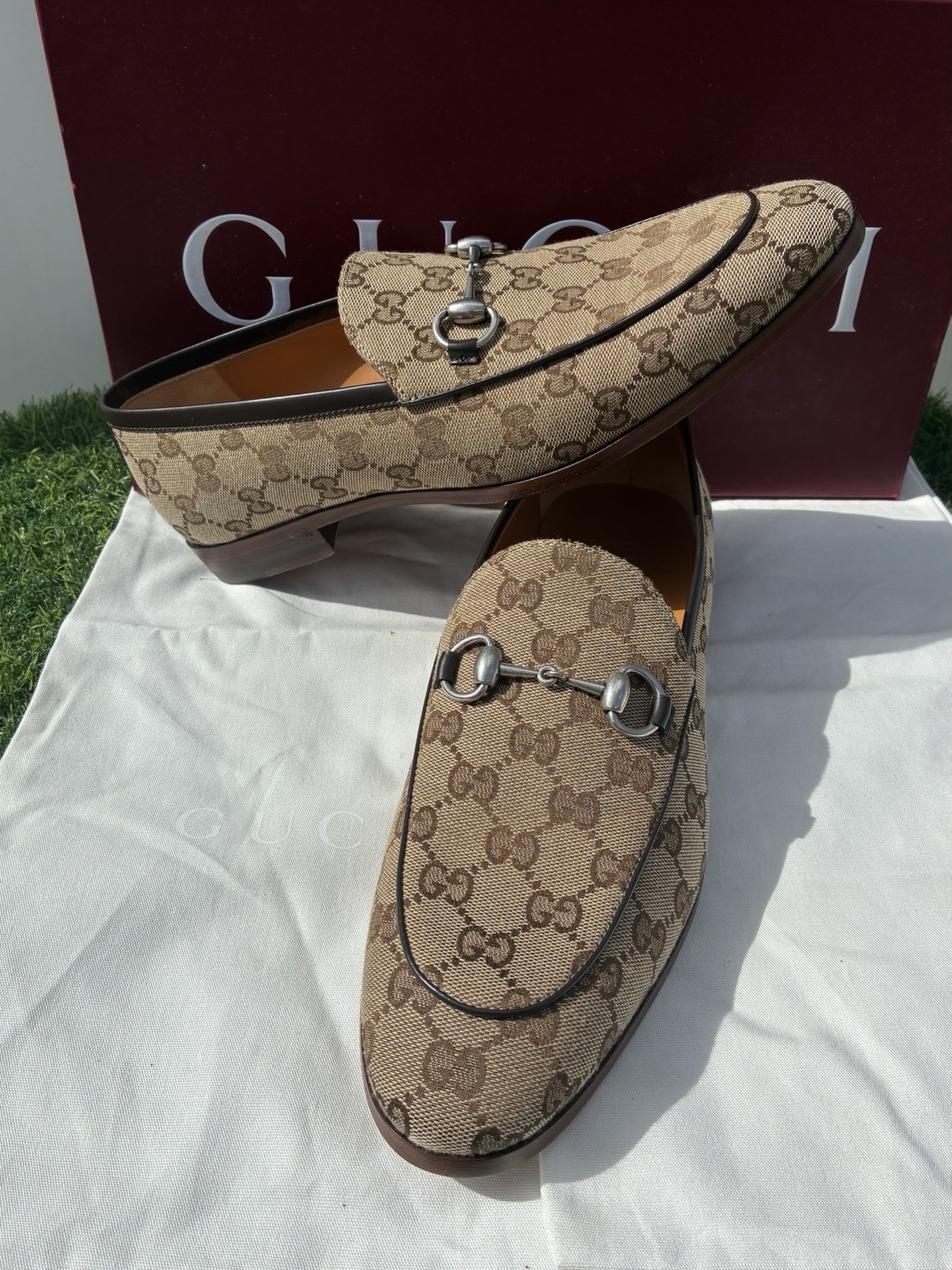 GUCCI CLASSIC BEIGE EBONY GG SUPREME MONOGRAM HORSEBIT JORDAAN LOAFERS G8.5 US9